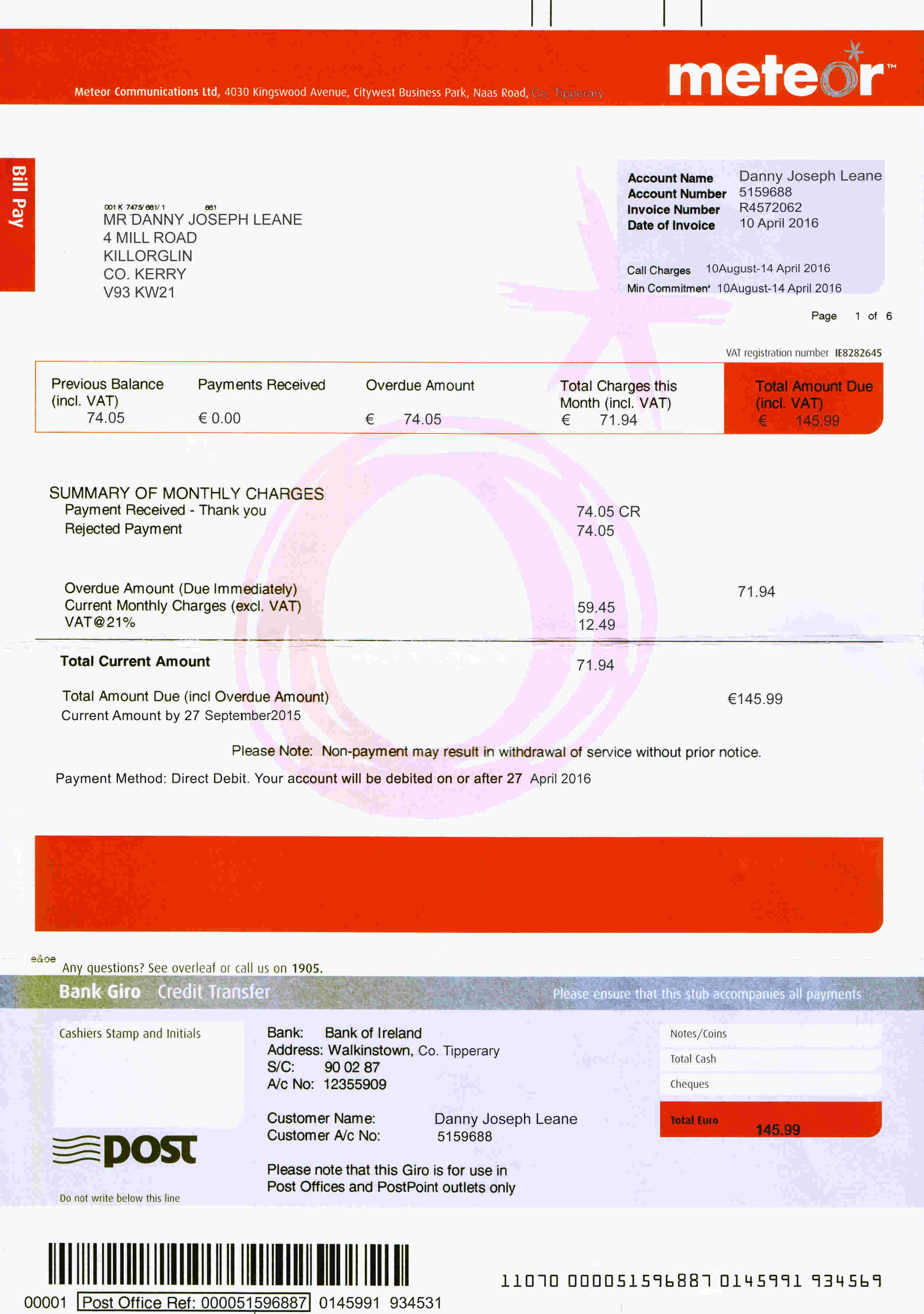Ireland Meteor utility bill template fully editable in PSD format